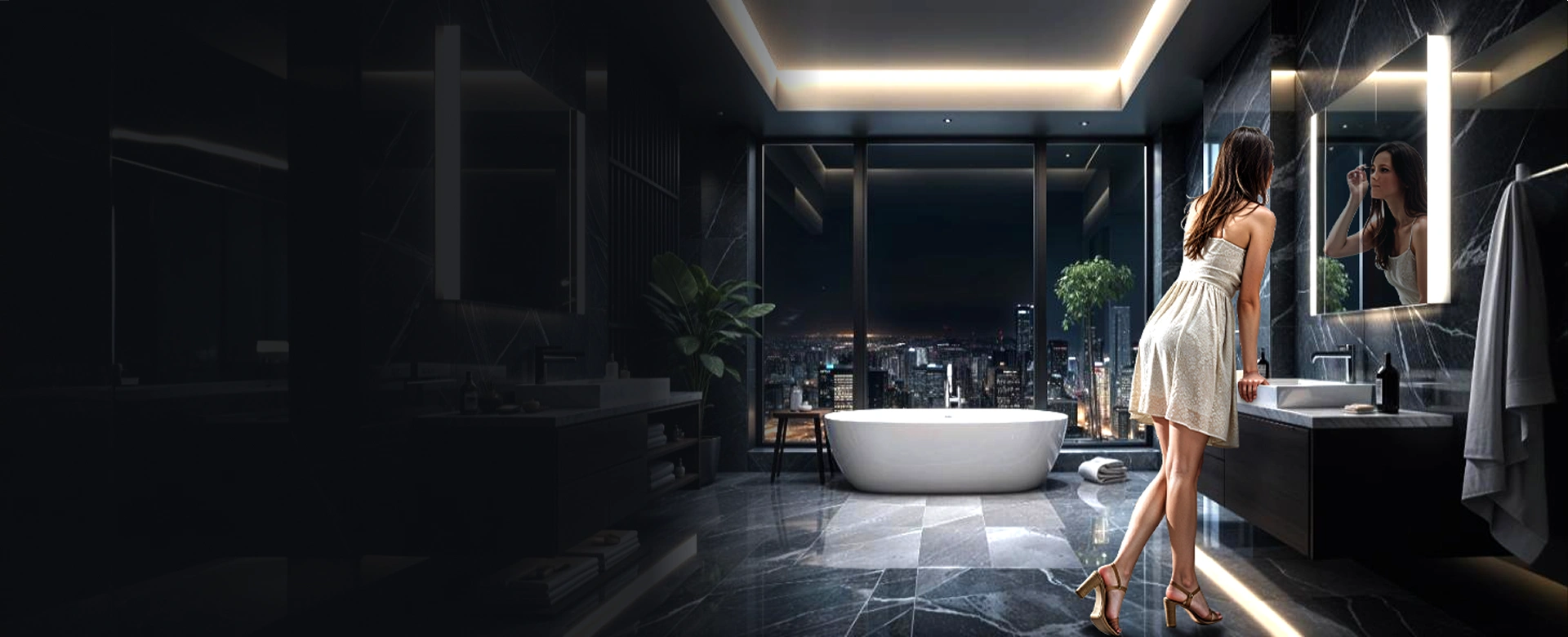A fully automated bathroom with smart lighting, temperature control, and hands-free features.