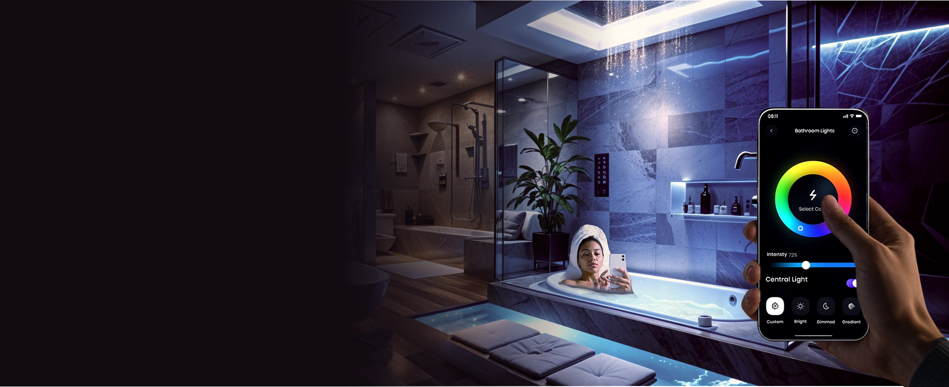 Smart lighting system with smart-phone app control and scheduling options.
