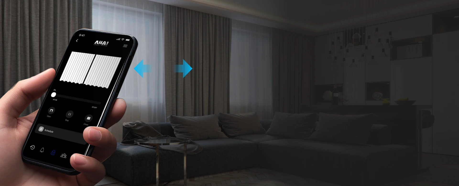 Smartphone app interface to control motorized curtains.